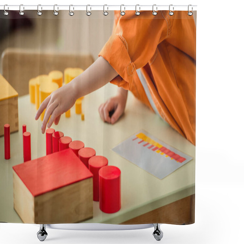 Personality  Cropped View Of Boy Playing With Red And Yellow Cylinders In Montessori School Shower Curtains