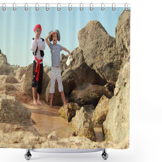 Personality  European Children Smiling Boy And Girl In Fancy Dress Pirate Shower Curtains
