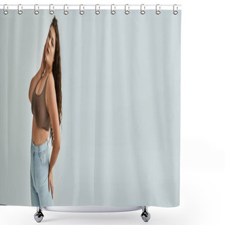 Personality  Banner Of Charming Plus Size Girl In Brown Bra And Blue Jeans Posing And Touching With Hand To Face Shower Curtains
