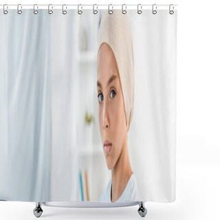 Personality  Panoramic Shot Of Sick Kid In Head Scarf Looking At Camera Shower Curtains