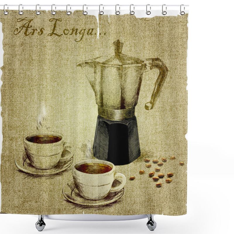 Personality  Hand Drawing Of Coffee Maker And Two Cups Of Coffee On The Canvas. Vector Illustration Shower Curtains