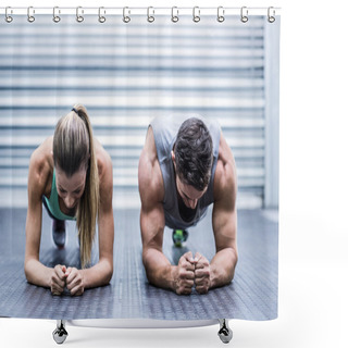 Personality  Muscular Couple Doing Planking Exercises Shower Curtains