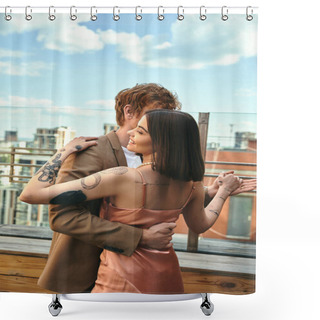 Personality  A Man And A Woman Stand Embracing On A Rooftop At Sunset, Their Silhouettes Outlined Against The Colorful Sky Shower Curtains