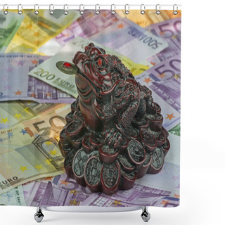 Personality  Three-legged Money Toad Jin Chan As A Chinese Symbol Of Wealth On Variety Of Euro Currency (EUR) With 500, 200, 100 And 50 Euro Bank Notes.  Many Money. Euro Background. Shower Curtains