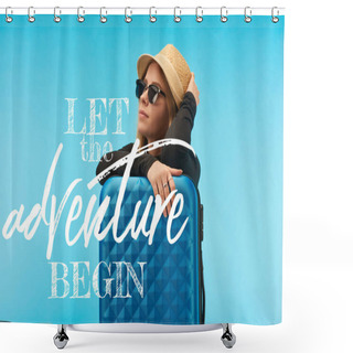 Personality  Blonde Girl In Sunglasses And Straw Hat Near Blue Suitcase Isolated On Blue With Let The Adventure Begin Illustration Shower Curtains