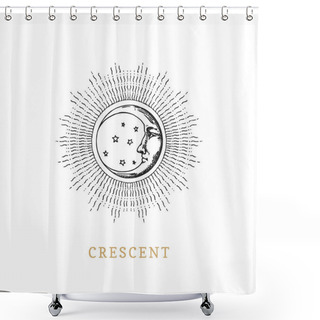 Personality  Crescent Moon, Vector Image In Engraving Style. Shower Curtains