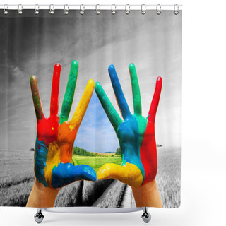 Personality  Painted Colorful Hands Showing Way To Colorful Happy Life Shower Curtains