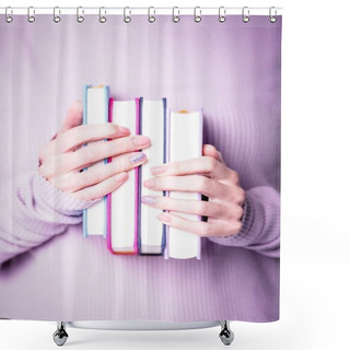 Personality  Beautiful Female Hands Holding Four Books On The Pale Violet Background. Manicure With Pink Color Nail Polish With Shiny Design, Nude Manicure, Copy Space Shower Curtains