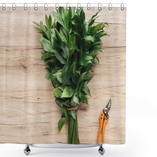 Personality  Top View Of Green Bouquet And Pruning Shears On Wooden Surface Shower Curtains