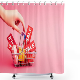 Personality  Cropped View Of Female Hand Near Shopping Basket With Gifts And Red Tag With Lettering On Pink, Black Friday Concept Shower Curtains