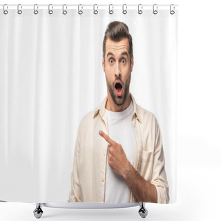 Personality  Surprised Man Looking At Camera And Pointing With Finger Isolated On White With Copy Space Shower Curtains