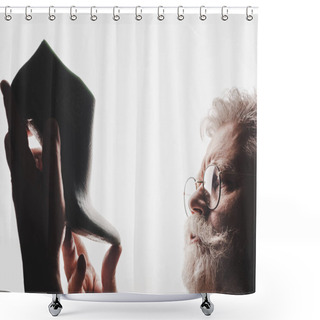 Personality  Senior Cobbler In Glasses Holding Shoe Last Isolated On White Shower Curtains