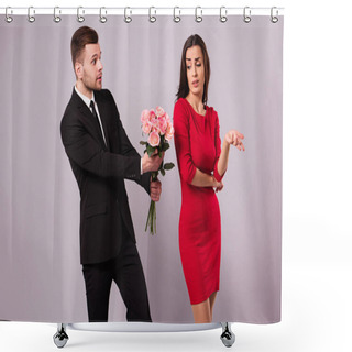 Personality  Please Take It! I'm So Sorry. Young Elegant Woman Ignore The Apologize Of Her Boyfriend. Bad Gift Or Present Shower Curtains