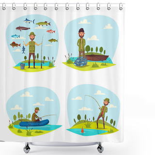 Personality  Fisher Man Fishing Vector Big Fish Catch Shower Curtains