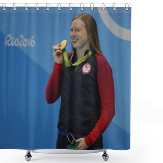 Personality  Olympic Champion Lilly King Of The United States Celebrates Victory After Women's 100m Breaststroke Final Of The Rio 2016 Olympic Games Shower Curtains