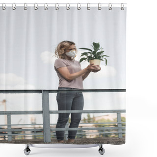 Personality  Woman In Protective Mask Holding Green Potted Plant On Bridge, Air Pollution Concept Shower Curtains