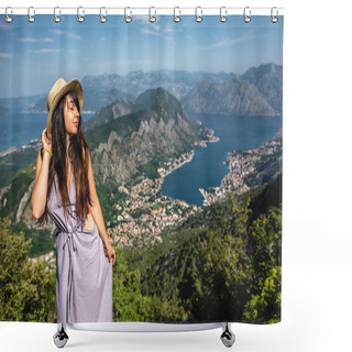 Personality  Beautiful Woman Posing With Kotor Bay And Kotor Town On Background In Montenegro Shower Curtains