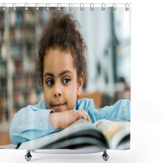 Personality  Selective Focus Of Happy African American Kid Near Book On Table  Shower Curtains