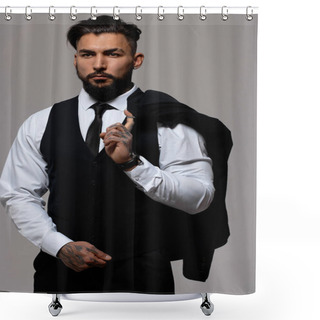 Personality  Bearded Hispanic Guy In Dark Vest And White Shirt With Tie Looking At Camera With Hands In Pockets In Studio Shower Curtains
