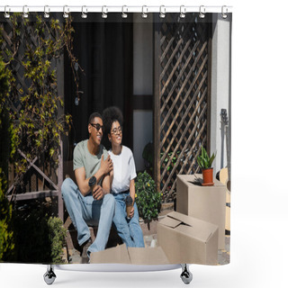 Personality  Smiling African American Couple With Coffee Talking Near Carton Boxes On Porch Of New House Shower Curtains
