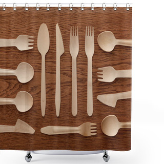 Personality  Top View Of Wooden Spoons Forks And Knifes On Brown Background Shower Curtains