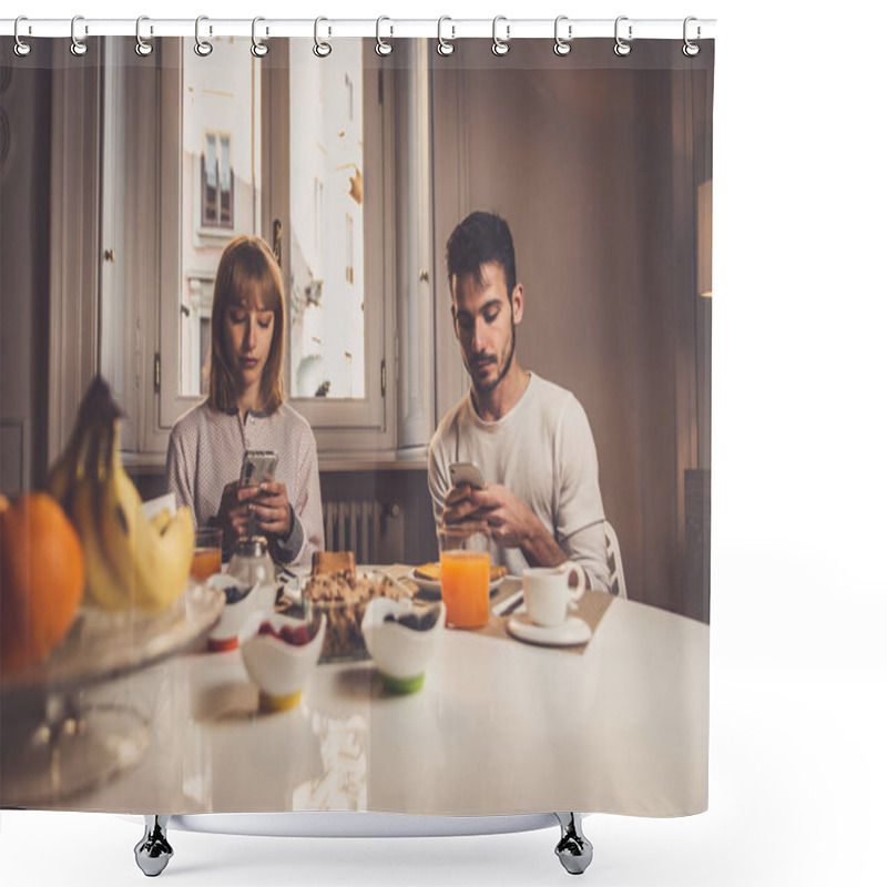 Personality  Couple Making Breakfast At Home. Concept About Lifestyle, Health Shower Curtains
