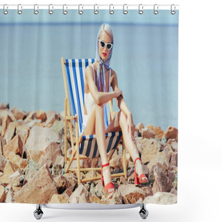 Personality  Elegant Fashionable Girl In Vintage Swimsuit Sitting In Beach Chair On Rocky Shore Shower Curtains