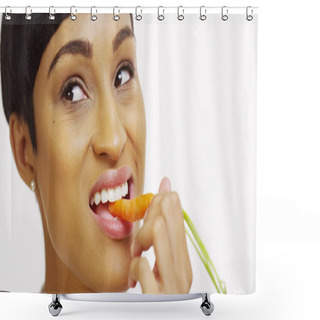 Personality  Close Up Of Black Woman Eating Carrot On White Background Shower Curtains