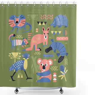 Personality  Set Of Cute Animals And Plants Of Australia. Decorative Handmade Poster For Print. Isolated Icons In Scandinavian Style. Vector Illustration. Shower Curtains