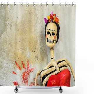 Personality  Day Of The Dead. Catrina On Old Wall Shower Curtains