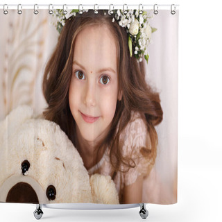 Personality  Large Portrait Of A Cute Girl With Bright Toy Looking At The Camera Dark Hair In Curls Isolated Shower Curtains