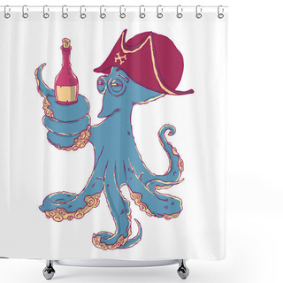 Personality  Cunning Octopus-pirate With A Bottle Of Alcohol In The Tentacles. Drunk. Vector Illustration Isolated On White. T-shirt Printing. Shower Curtains