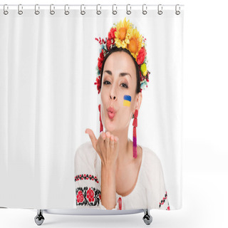 Personality  Brunette Young Woman In National Ukrainian Embroidered Shirt And Floral Wreath Blowing Kiss Isolated On White Shower Curtains