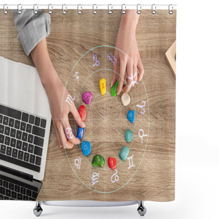 Personality  Cropped View Of Woman Holding Stones With Zodiac Signs Beside Laptop And Illustration Shower Curtains
