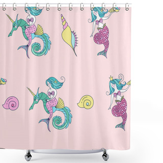 Personality  Mermaid Riding A Seahorse. Seamless Pattern. Mythological Creatu Shower Curtains