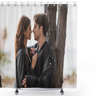 Personality  Man In Leather Jacket Hugging Girlfriend Near Tree In Forest  Shower Curtains