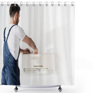 Personality  Repairman In Overalls Fixing Air Conditioner On White Wall Shower Curtains
