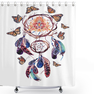 Personality  Watercolor Ethnic Dream Catcher With All Seeing Eye In Pyramid. Shower Curtains