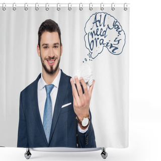 Personality  Young Businessman Holding Brain Model With Inscription All You Need Is Brain And Smiling At Camera Isolated On Grey Shower Curtains