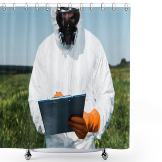 Personality  Man In Protective Mask And Uniform Writing While Holding Clipboard  Shower Curtains