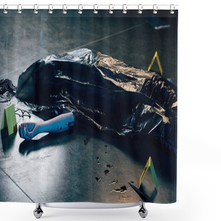 Personality  Covered Corpse With Glasses On Floor At Crime Scene Shower Curtains