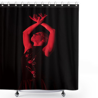 Personality  Red Lighting On Young Woman With Hands Above Head Dancing Flamenco Isolated On Black   Shower Curtains