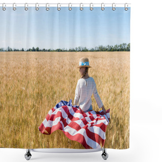 Personality  Cute Child In Straw Hat Holding American Flag In Golden Field With Wheat  Shower Curtains