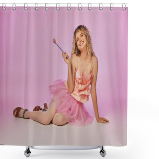 Personality  Dreamy Beautiful Woman In Pink Tooth Fairy Costume Holding Magic Wand And Sitting On Floor Shower Curtains
