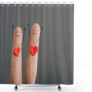 Personality  Cropped View Of Happy Couple Of Fingers With Hearts Isolated On Grey, Valentines Day Concept Shower Curtains