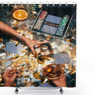 Personality  Cropped Image Of Women Celebrating With Alcohol, Cigarettes And Poker Chips With Playing Cards On Table Covered By Golden Confetti  Shower Curtains