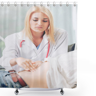 Personality  Woman Doctor Is Talking And Examining Male Patient In Hospital Office. Healthcare And Medical Service. Shower Curtains