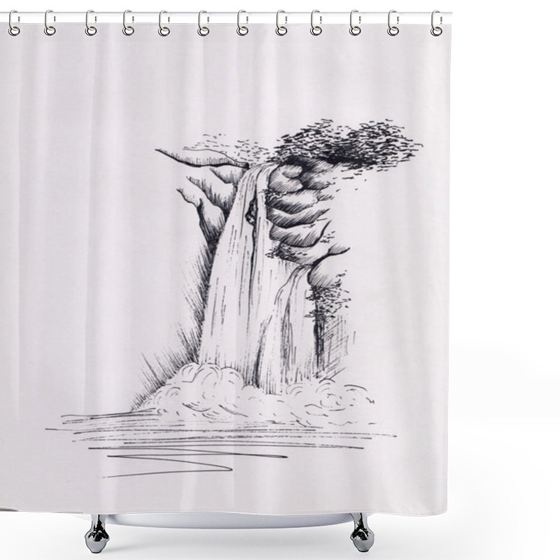 Personality  Ink Illustration Of Waterfall And Trees. Hand Drawn Calm Mountains Background For Relaxation, Meditation, Greeting Card. Sketch On Paper. Abstract Calm Nature Landscape. Original Painting. Shower Curtains