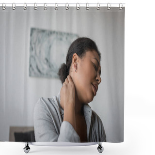 Personality  Young Multiracial Woman Touching Painful Neck At Home  Shower Curtains