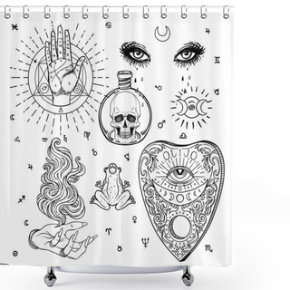 Personality  Witchcraft Set Of Vector Isolated Illustrations In Victorian Style. Hand, Planchette, Skull, Eyes. Mediumship Divination Equipment. Alchemy, Religion, Spirituality, Occultism. Shower Curtains